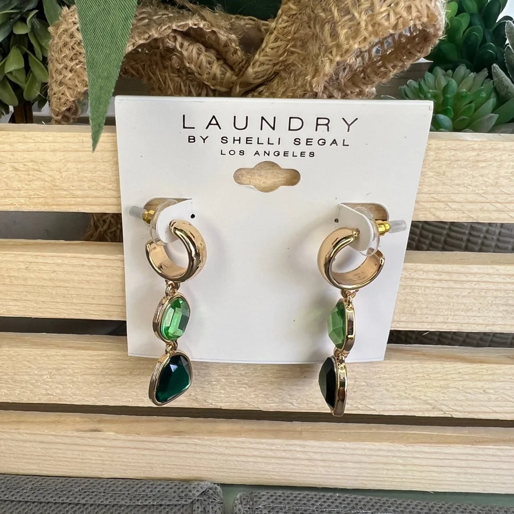 *SOLD*Laundry by Shelli Segal Gold/Emerald Huggie Drop Earrings - Picture 2 of 6